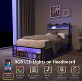 Twin Bed Frames , Headboard and Charging Station & LED Light for Bedroom, Solid and Stable, Noise 01956866