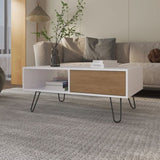 White and Natural Oak Coffee Table with 1-Drawer and Hairpin Legs B062P290226