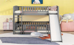 ZUN Bunk Bed with Slide,Full Over Full Low Bunk Bed with Fence and Ladder for Toddler Kids Teens Gray 86635158