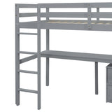 Twin Loft Wood Bed with Under-bed, Built-in Desk, a Storage Cabinet of 2 Drawers, Guardrails, W504P193786