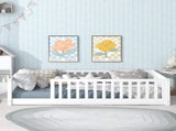 Twin Size Floor Bed with Fence without Door, Rubber Wood Floor Bed with Safety Guardrails,White W504P296795