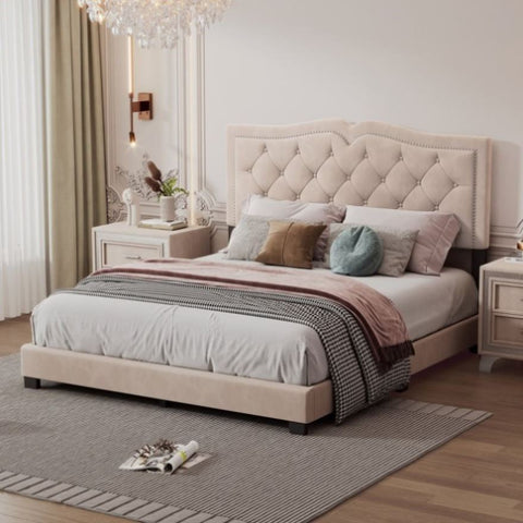 ZUN Queen Size Upholstered Bed Frame with Rivet Design, Modern Velvet Platform Bed with Tufted 90764002