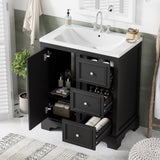30-Inch bathroom vanity cabinet with ceramic basin, 3 drawers and adjustable shelves N729P176237B