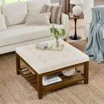 ZUN Upholstered Coffee Table Tufted Linen Large Square Ottoman with Beech Wood Shelf and Frame, W2353P183805