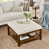 ZUN Upholstered Coffee Table Tufted Linen Large Square Ottoman with Beech Wood Shelf and Frame, W2353P183805