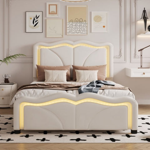 ZUN Twin Size Upholstered Platform Bed with Curve Shaped and Height-adjustbale Headboard,LED Light WF323748AAK