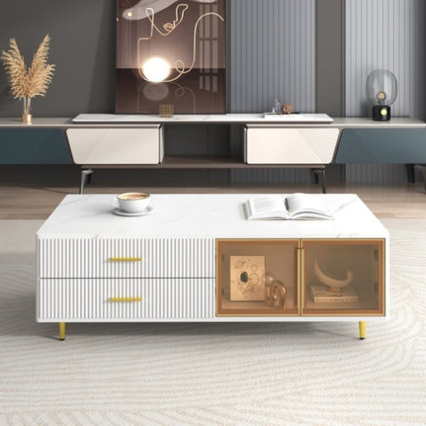 ZUN Modern White Coffee Table with 2 Glass Door Storage, 4 Drawers, Gold Metal Legs, and Multi-Color N735P167909