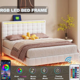 ZUN Queen Size Floating Bed Frame with LED Lights and USB Charging,Modern Upholstered Platform LED Bed WF308894AAK