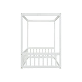 Twin Size Canopy Frame Floor Bed with Fence, Guardrails,White W504P143278