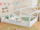 Full Size Floor Bed with Guardrails and Roof, Kids House Floor Bed with a Small Built-in Tray and W1580P396332