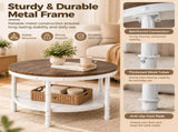 Round 2-Tier Wood Coffee Table, Dark Walnut Finish with Black Wood Grain, White Textured 27271682