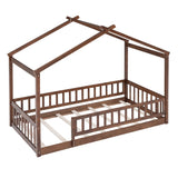 Twin Size Wood Bed House Bed Frame with Fence, for Kids, Teens, Girls, Boys, Walnut WF302176AAL
