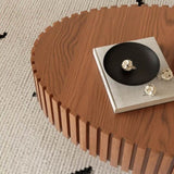 Oval Coffee Table Handcrafted Relief Sturdy Pedestal Wooden Olive-Shaped Tea Table for Living Room W3081P255090