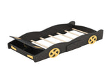 Twin Size Race Car-Shaped Platform Bed with Wheels and Storage, BlackYellow WF305759AAB