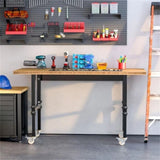 ZUN 59" Garage Work Bench with Wheels, Height Adjustable Legs, Bamboo Tabletop Workstation Tool Table 84066089