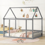 Full Size Floor Wooden Bed with House Roof Frame and Safety Guardrails ,Gray W1580P172925