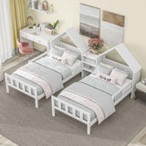 Double Twin Size Platform Bed with House-shaped Headboard and a Built-in Nightstand, White WF306928AAK