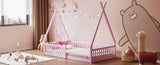 Twin Size Wood House Bed with Fence, Pink N709P183348H