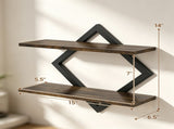 Black Rustic Brown 2Tier Floating Wall Set of 2, Diamond Metal Frame Wall Mounted Storage 16827488