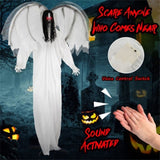 6.6 ft Life-Size Animated Halloween Angel Prop - Long Black Curly Hair, Sound-Activated , Automatic 00895288