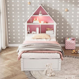 ZUN Twin Size House-Shaped Bed with Bookcase Headboard and Led Light and Twin Size Trundle for Kids Boys WF530847AAH