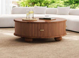 Round Fluted Coffee Table with Storage, Pine Solid Wood, Sliding Door, Walnut, 31.8" 90275322