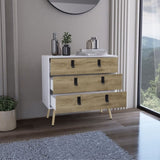 Dresser 29"H, 3 Drawers Dresser with Handles and Wooden Legs, White / Macadamia B097P167456