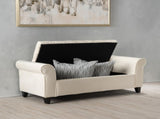 lvory Fabric Storage Bench with Rolled Arms, 38" Seat Width, Black Legs, Button Fabric Design, N770P372389A