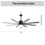 ZUN 76 Inch Ceiling Fan with 18W Dimmable LED Light Remote Control 8 Solid Wood Blades Black for Living W882P181684