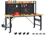 48''Adjustable Workbench with pegboard, Heavy Duty Wooden Desktop Workbench with Wheels, 1600 lb. W1162P223029