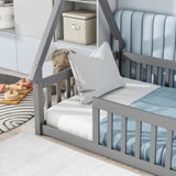 Twin Tent-shaped Floor Bed, Teepee Bed with Guardrails, Slats,Grey W504119495