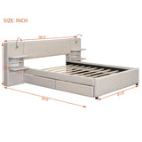 Queen Size Upholstered Platform Bed with Reading Lights, Drawers, Trundle and Shelves, Beige 57706475