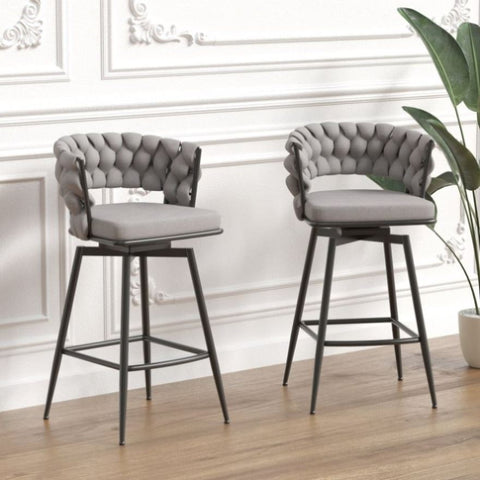 ZUN 28" Bar Chair Linen Woven Bar Stool Set of 2,Black legs Barstools No Adjustable Kitchen Island 10838002