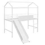 Metal House Bed With Slide, Twin Size Metal Loft Bed with Two-sided writable Wooden Board MF294384AAK