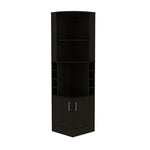 ZUN Syrah Corner Bar Cabinet, Eight Bottle Cubbies, Double Door, Two Open Shelves -Black B070P217879