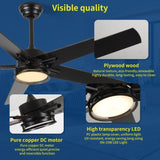52in Ceiling Fans with Lights, Black Modern Ceiling Fan with Remote, Farmhouse Indoor Ceiling Fan , W2878P333282