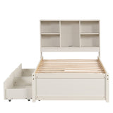 ZUN Modern Twin Size Bed Frame With Built-in USB Port on Bookcase Headboard and 2 Drawers for White W697P152022