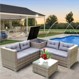 ZUN 4 Piece Patio Sectional Wicker Rattan Outdoor Furniture Sofa Set with Storage Box Grey 65994136