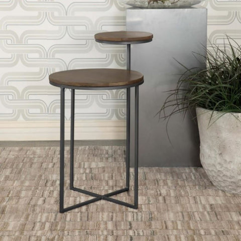 ZUN Natural and Gunmetal 2-Tier Accent Table B062P153886