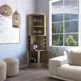 Syrah Corner Bar Cabinet, Eight Bottle Cubbies, Double Door, Two Open Shelves Macadamia B200P242412