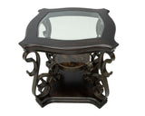 End table, Glass table top, MDF W/marble paper middle shelf, powder coat finish metal legs. W48720761
