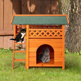 ZUN 2-Story Wooden Feral Cat House Outdoor Indoor Kitty Houses with Door & Stairs & Weatherproof Roof, 60939221