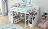 ZUN Full Size Loft Bed with Desk and Shelves, Two Built-in Drawers, Storage Staircase, White 48024197