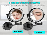 8 Inch LED Wall Mount Two-Sided Magnifying Makeup Vanity Mirror 12 Inch Extension Matte Black 1X/3X 9301BK