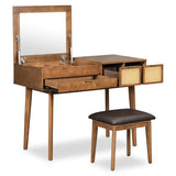 43.3" Classic Wood Makeup Vanity Set with Flip-top Mirror and Stool, Dressing Table with Three N704P165645