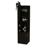 ZUN Syrah Corner Bar Cabinet, Eight Bottle Cubbies, Double Door, Two Open Shelves -Black B070P217879