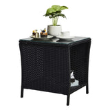 Outdoor Patio Wicker Side Table, Square End Table Bistro Coffee Table with Glass Top Storage Shelf 22548408