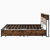 Queen Size Bed Frame with 4 Storage Drawers, Metal Platform Bed with Wooden Headboard and Charging W840134067