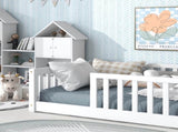 Twin Size Floor Bed with Fence without Door, Rubber Wood Floor Bed with Safety Guardrails,White W504P296795