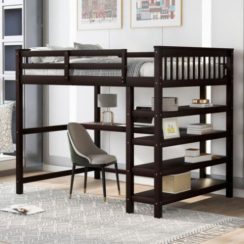ZUN Full Size Loft Bed with Storage Shelves and Under-bed Desk, Espresso 21395413